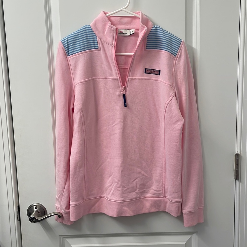 Shep shirt, 1/4 zip, pink with blue contrast stripe shoulder detail. TTS.